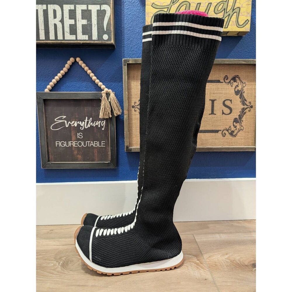 Black Knit Over the Knee Sneaker Boots Size 43 Women's 12 Tall Festival - Picture 5 of 16